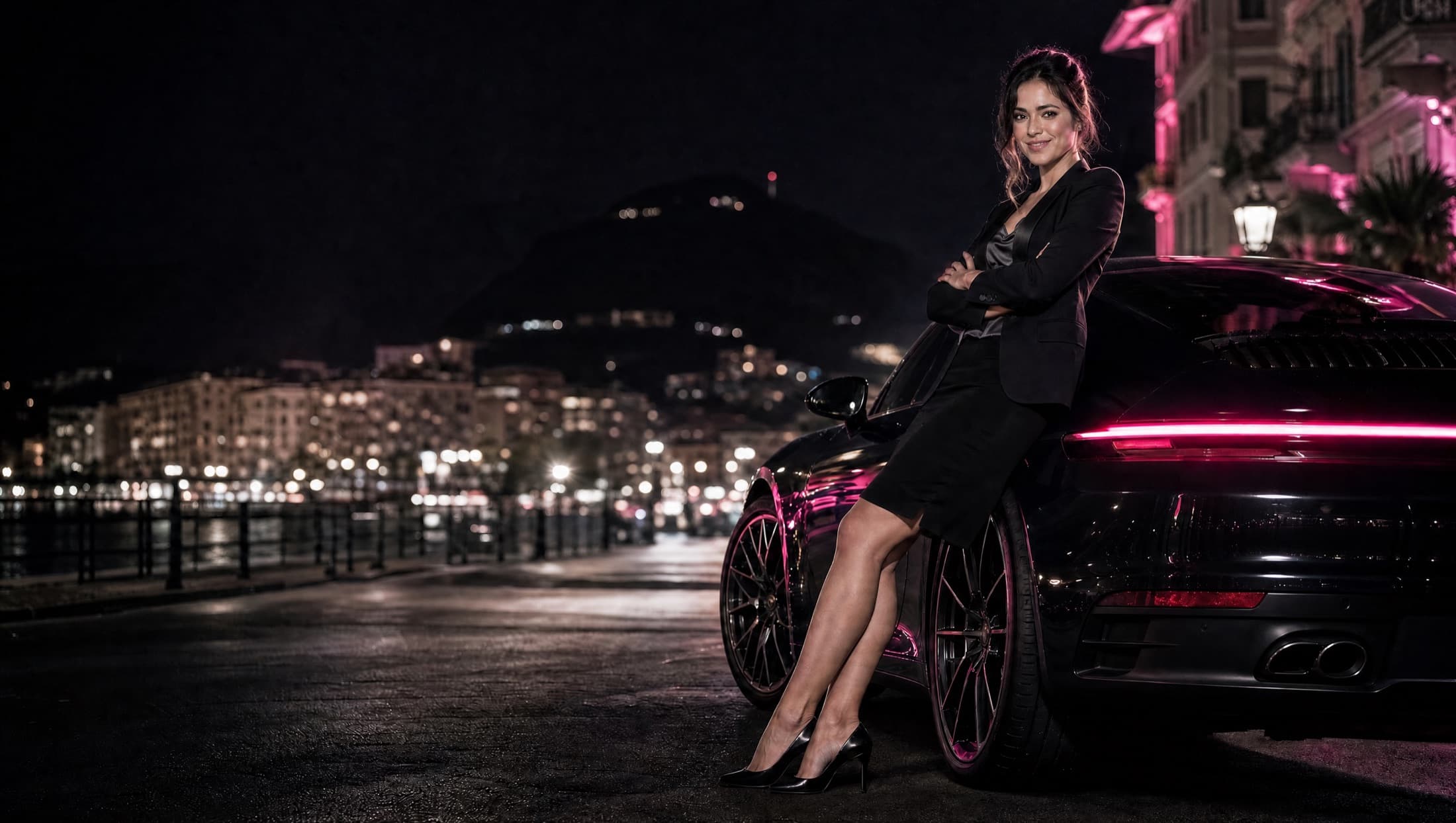 Una manager del team LoveTicino appoggiata a una Porsche nera, a braccia conserte, sorridente